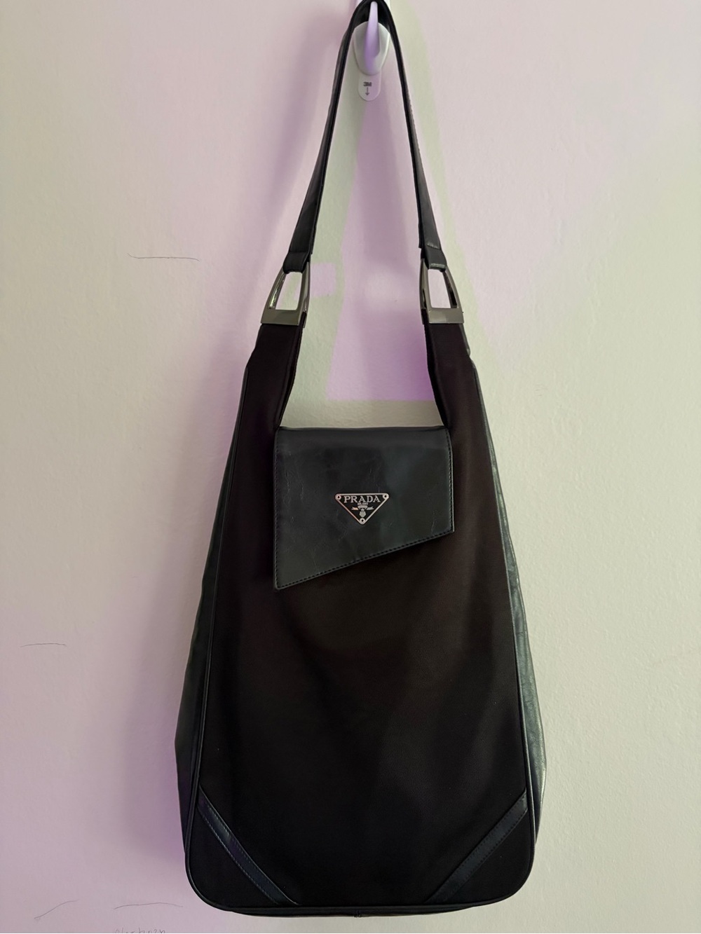 Prada Black Shoulder Bag with Silver Logo Plaque